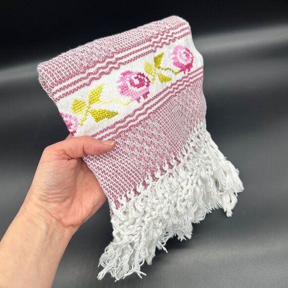Woven Table Runner Cross Stitch Rose Flowers Fringe Cottagecore Pink White - Picture 5 of 7